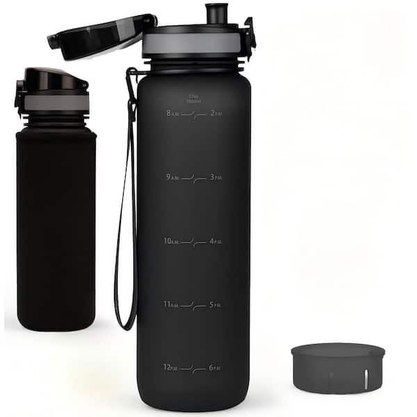 32 oz. Plastic Large Time Marker Water Bottle, BPA Free Leakproof Gym Bottle w/ Fruit Infuser and No Sweat Sleeve, Black