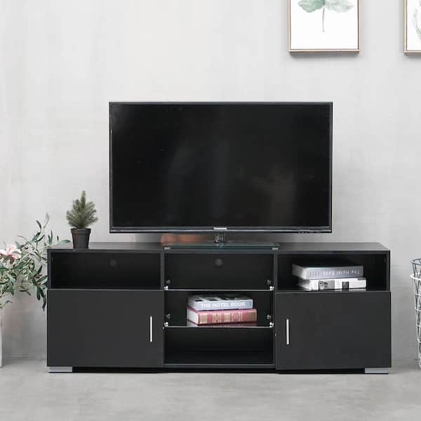 WOODYHOME 57.1 in. Black TV Stand with 2 Storage Drawers and 5 Open Layers  Fits TV's up to 65 in. with RGB LED Light POA5642567 - The Home Depot