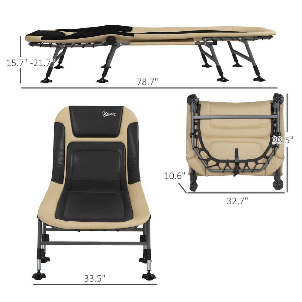 Cream White Folding Camping Cot with Adjustable Backrest and Cushion