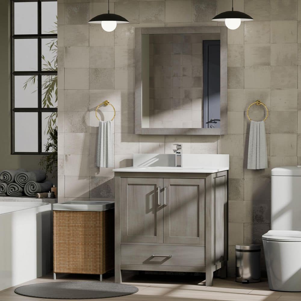 Jacques 30 in. W x 22 in. D Distressed Grey Bath Vanity, White Quartz Top, and 28 in. Mirror price history on PriceWatchPro