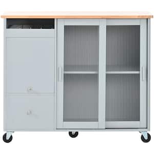 Kitchen Cart with Drop Leaf, LED Light Kitchen Island on Wheels with 2 Fluted Glass Doors and 1-Flip Door in Gray Blue