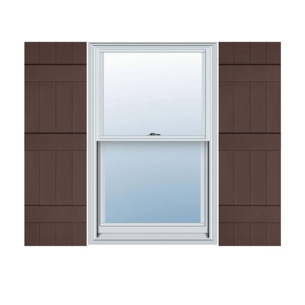 Builders Edge 14 in. W x 74 in. H TailorMade Vinyl Four Board Joined (3 Batten), Board-n-Batten Shutters Pair in Federal Brown