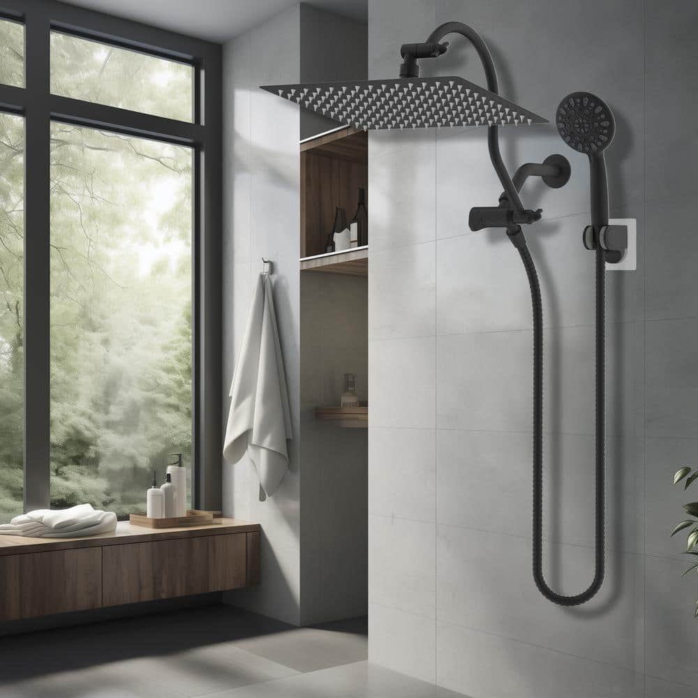 Large Matte Black Stainless Steel Dual Shower Head Combo