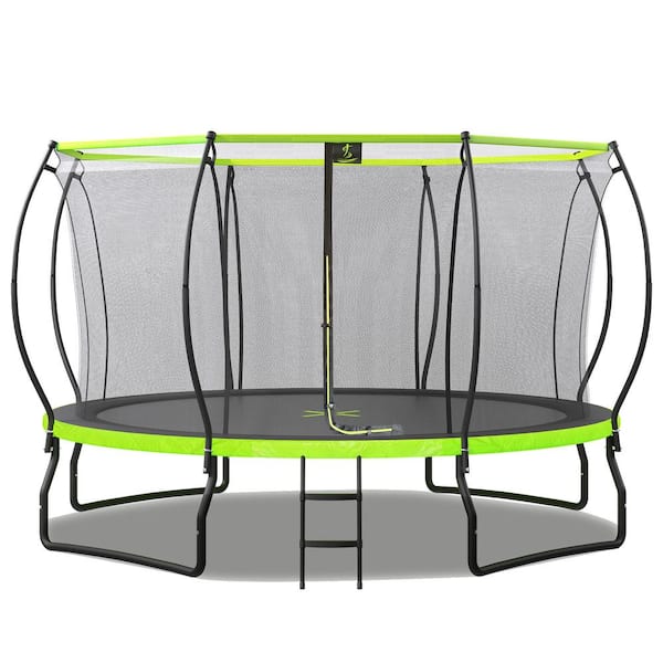 Unbranded 14 ft. Round Outdoor Balance Fitness Training Trampoline with Composite Bars, Safety Fence Net, Ladder and 8 Wind Stakes
