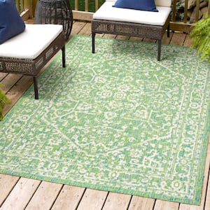 Malta Bohemian Medallion Textured Weave Cream/Green 8 ft. x 10 ft. Indoor/Outdoor Area Rug