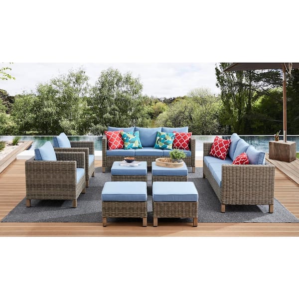 Summax 8-Piece Wicker Patio Conversation Set with Blue Cushions