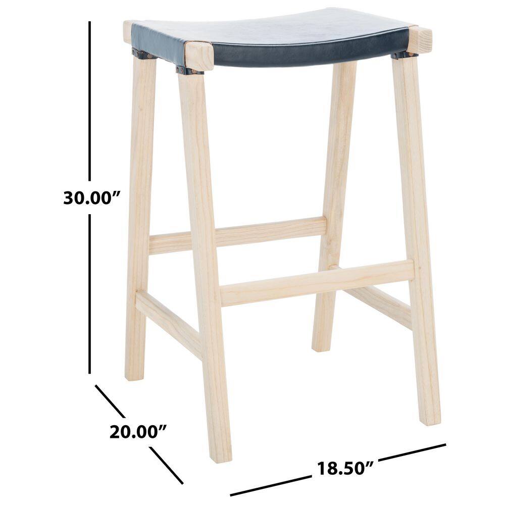 Aariz 30" Black Leather and Natural Wood Saddle Barstool