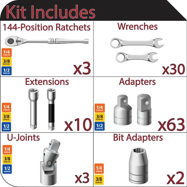 1/4 in., 3/8 in., 1/2 in. 144 Position Ratchet, Accessory and Ratcheting Wrench Set (52-Piece)