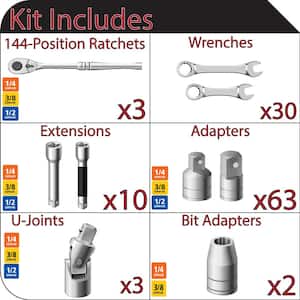 1/4 in., 3/8 in., 1/2 in. 144 Position Ratchet, Accessory and Ratcheting Wrench Set (52-Piece)