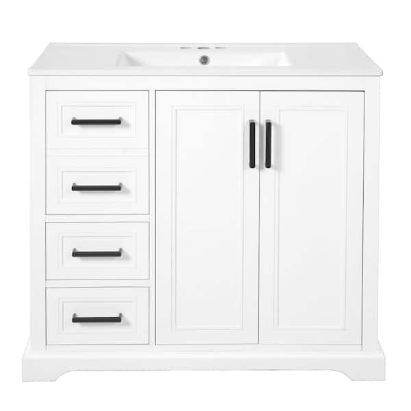 36 in. W Single Sink Modern White Bath Vanity with White Ceramic Top, Drawers, Soft Closing Doors
