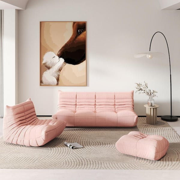 (Set of 3) Pink Teddy Velvet Polyester Large 45-72 in. Fireside Lazy Sofa Rebound Sponge Floor Couch with Chair, Ottoman