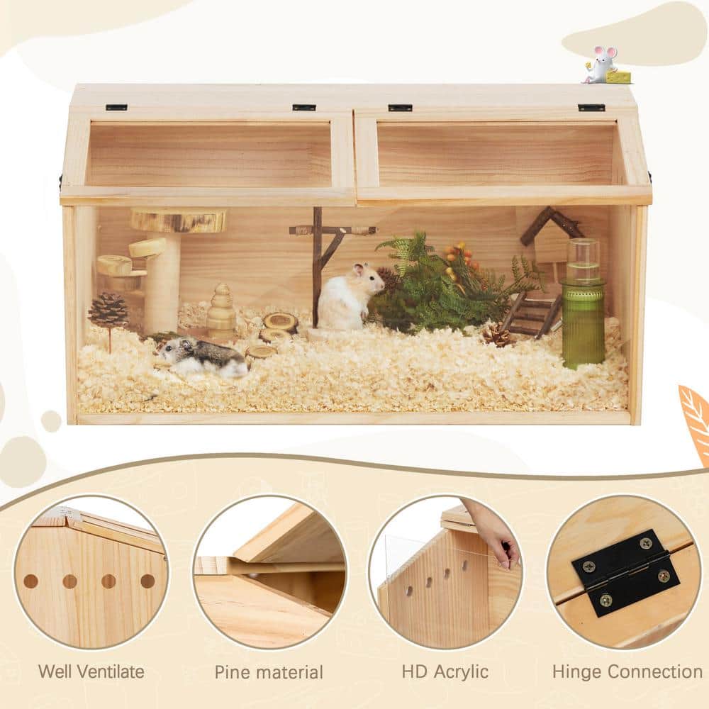 Natural Pinewood Hamster Cage with Acrylic Roof and Panels