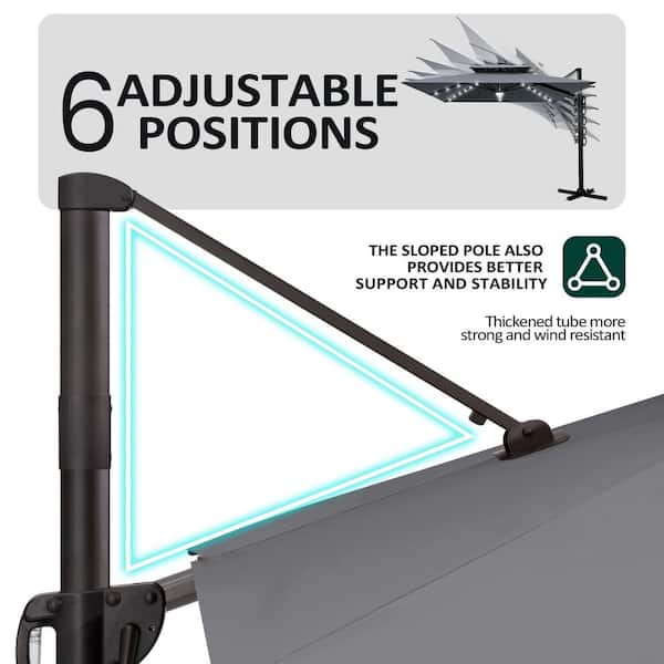 Solar LED Double Top 9 ft. x 10.5 ft. Outdoor Cantilever 360° Rotation Tiltable Patio Umbrella in Gray with Base
