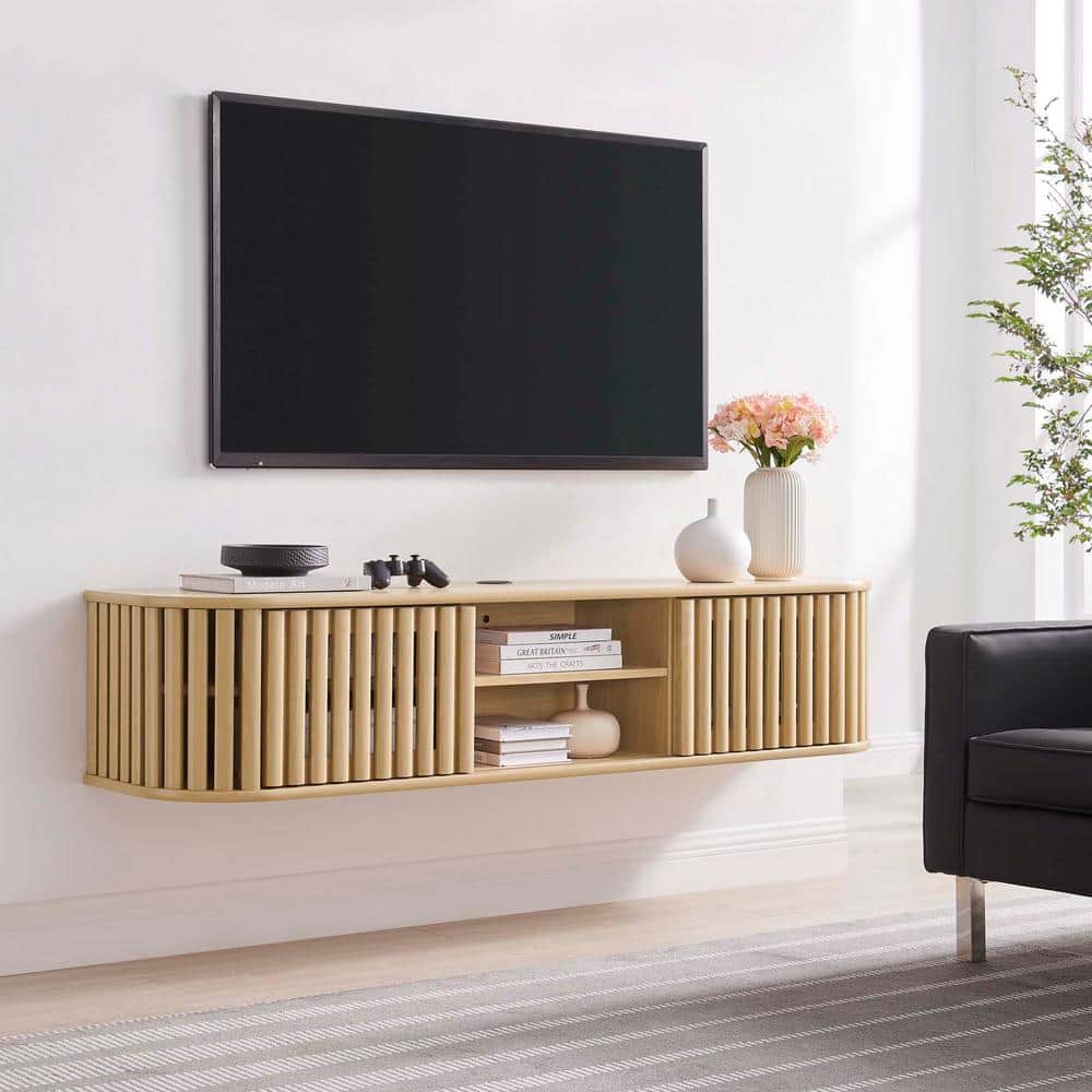Oak 64" Wall-Mounted TV Stand with Sliding Doors