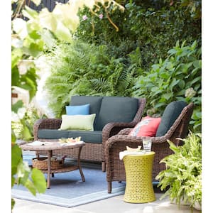 Cambridge Brown Wicker Outdoor Patio Loveseat with Sunbrella Denim Blue Cushions