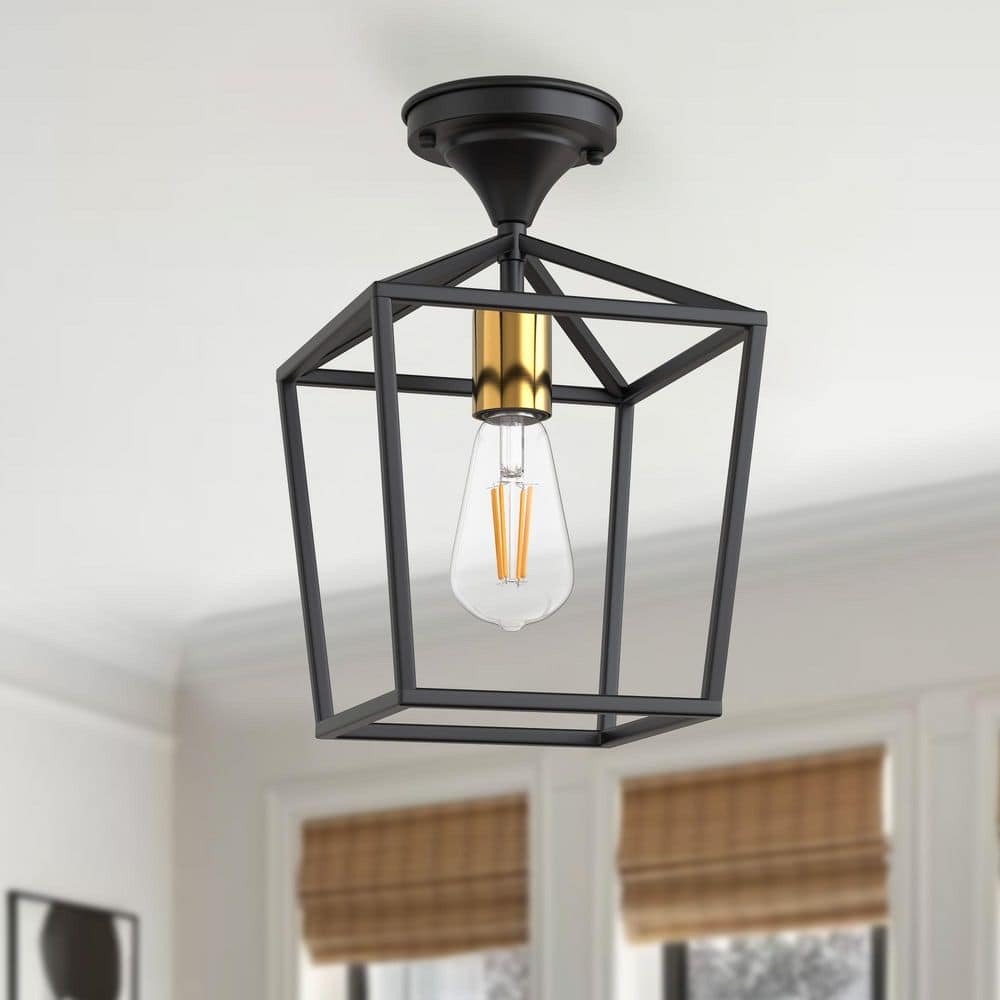 7 in. 1-Light Black and Gold Farmhouse Semi Flush Mount Ceiling Light-Retro Cage Fixture with Shade for Kitchen, Hallway price history on PriceWatchPro