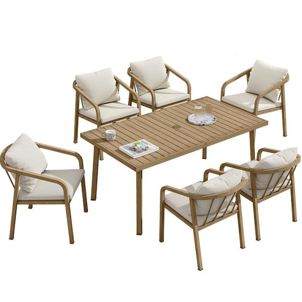 Teak Finish 7-Piece Aluminum Outdoor Dining Set with Beige Cushions
