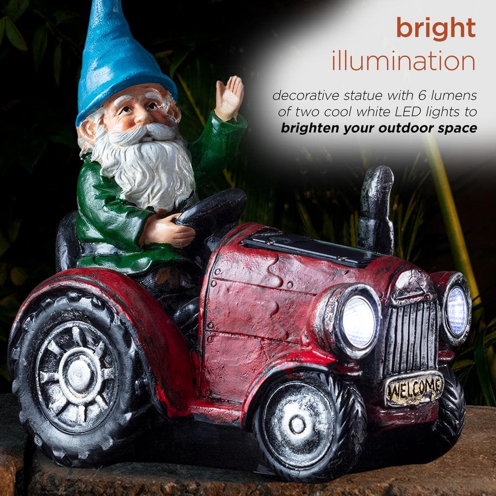 10" Red Polyresin Tractor Riding Gnome with LED Lights