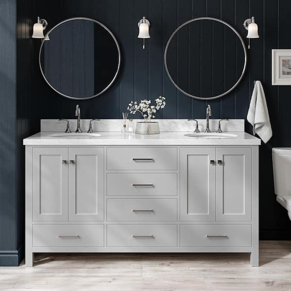 Cambridge 66 in. Double Sink Freestanding Bathroom Vanity in Gray with Carrara White Marble Top