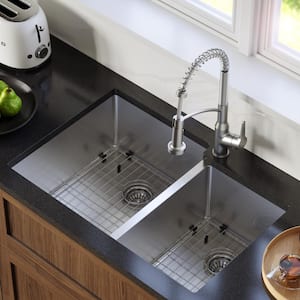 16-Gauge Stainless Steel 33 in. Double Bowl Undermount Kitchen Sink with Grid and Basket Strainer