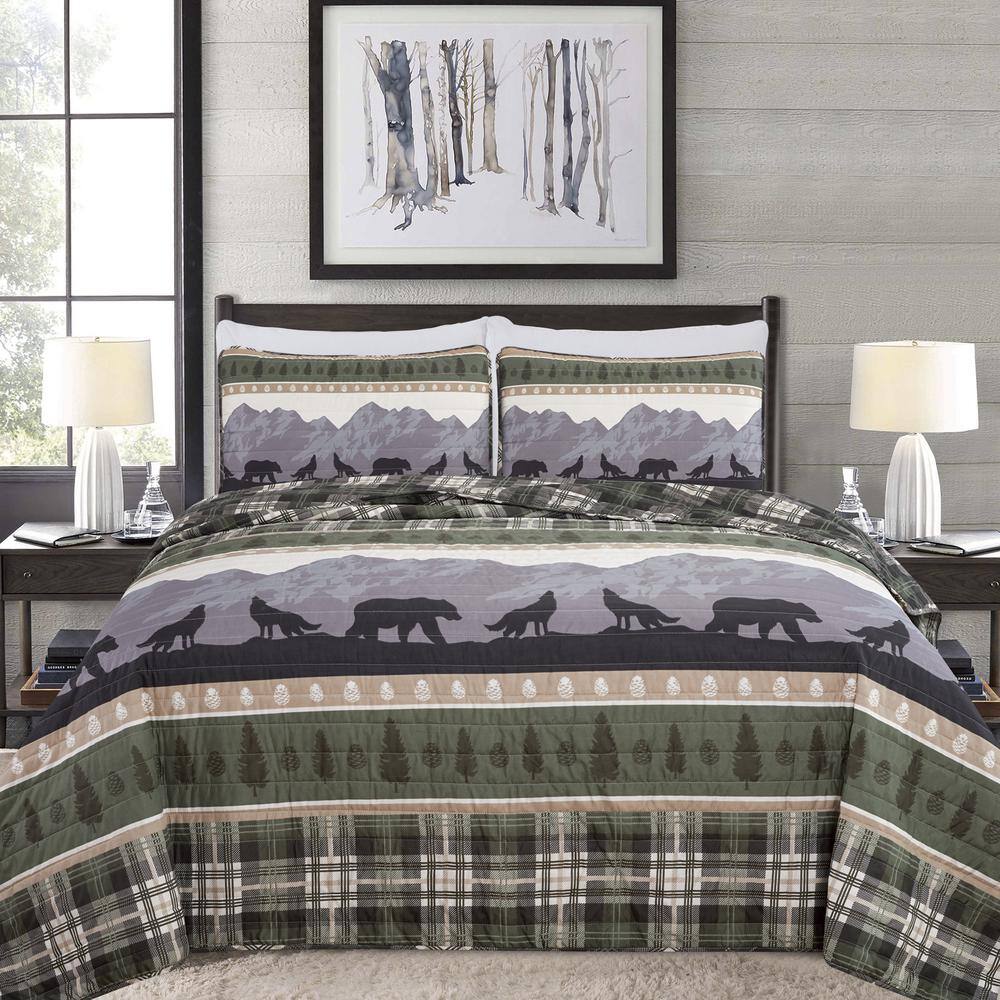 Twin Green Microfiber Reversible Nature-Inspired Quilt Set