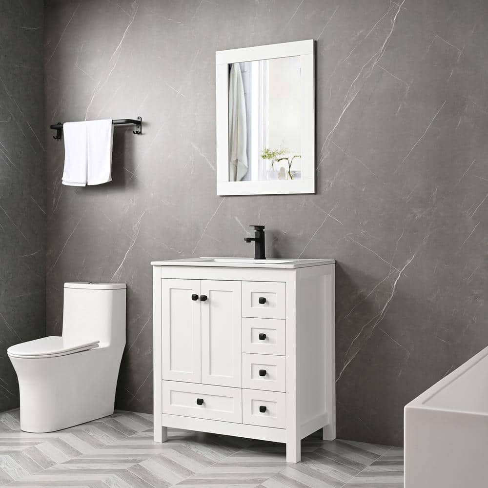 White 30" Freestanding Bathroom Vanity with Ceramic Sink and Mirror