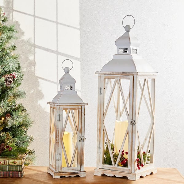 HOMCOM 2 Pack 28/20 Large Rustic Wooden Lantern Decorative,  Indoor/Outdoor Lantern for Home Décor (No Glass), Natural