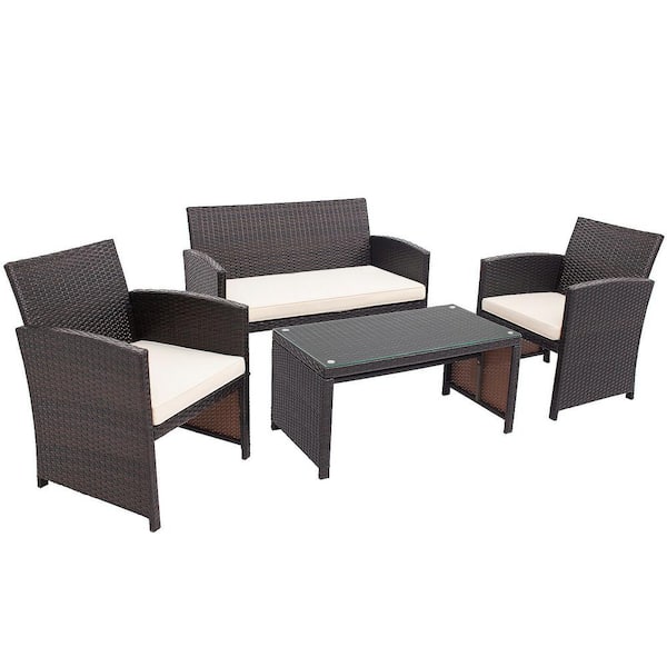 WELLFOR Brown 4-Piece Wicker Patio Conversation Set with Cream Cushions