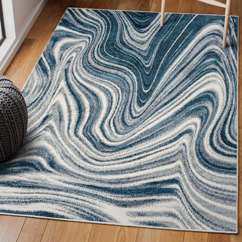 Turquoise and Cream Abstract Marble 5x8 Area Rug