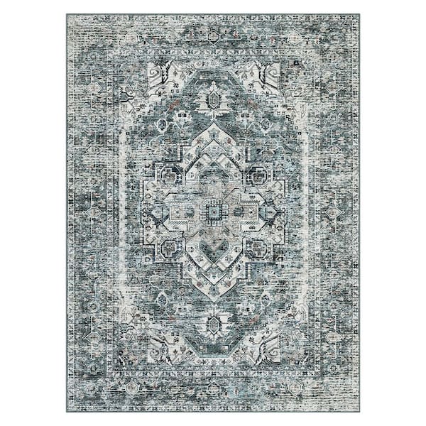 Vintage Printed Carpet Soft Thin Rug Interior Decoration for Bedroom Living Room Kitchen Blue Green，9x12ft