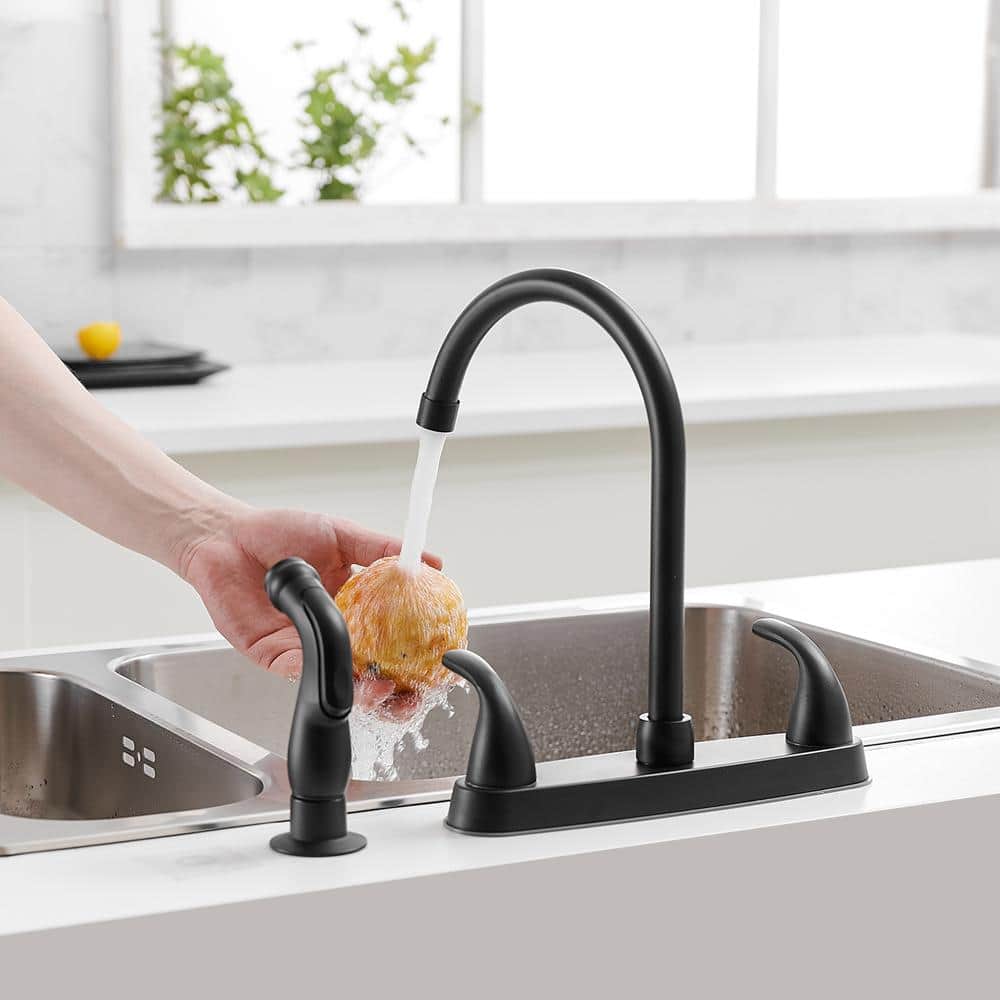 Matte Black Double Handle Bridge Kitchen Faucet with Pull-out Spray