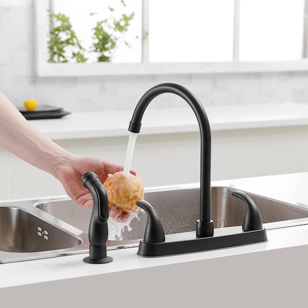 Double Handle Deck Mount High Arc with Side Sprayer Standard Kitchen Faucet in Matte Black