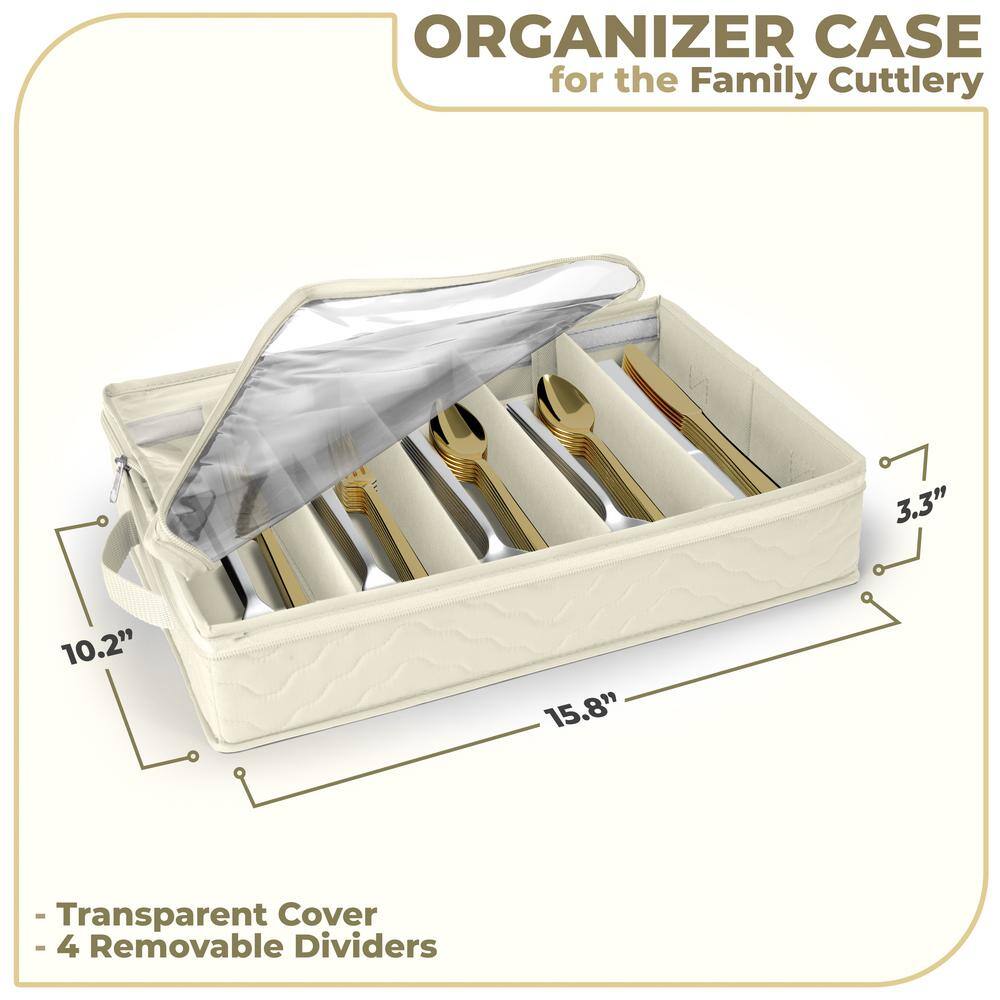 Beige Quilted Flatware Storage Chest with Clear Lid