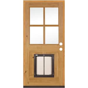 32 in. x 80 in. Knotty Alder Left-Hand/Inswing 4-Lite Clear Glass Clear Stain Wood Prehung Front Door w/Large Dog Door