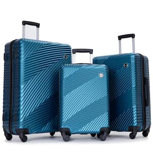 3-Piece Dark Blue PC+ABS Lightweight Hardside Spinner Luggage Set with Two Hooks (20/24/28 inch)