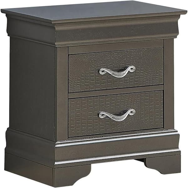 Gray Finish, 2 Drawers Nightstand