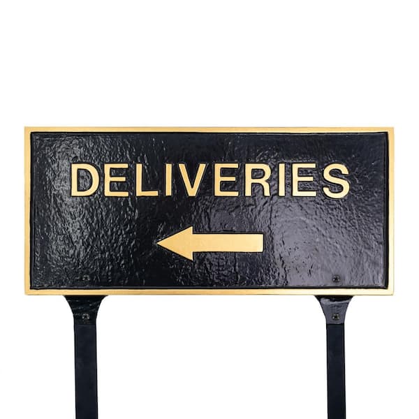 Montague Metal Products 10" x 21" Deliveries with Left Arrow Large Rectangle Statement Plaque with Lawn Stakes - Black/Gold