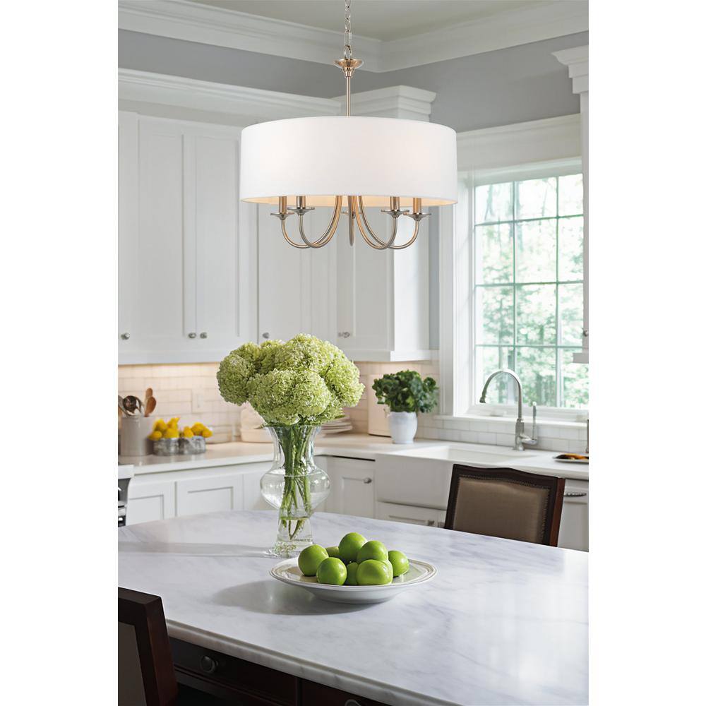 Elegant Brushed Nickel 5-Light Drum Chandelier with White Linen Shade