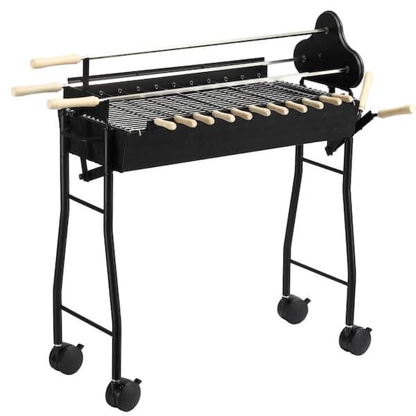 Unbranded Black Outdoor Cooking Grill Cart, Portable Charcoal BBQ Grills Steel Rotisserie Height Adjustable with 4 Wheels