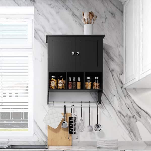 Modern 28 in. W x 24 in. D x 8 in. H Bathroom Storage Wall Cabinets with Towel Bar for Small apartment in Black