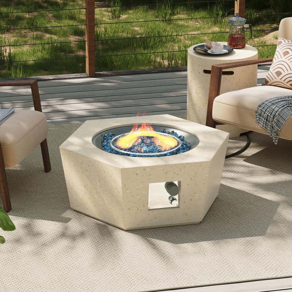 41 in. 50,000 BTU Beige Hexagon Polygon Terrazzo Outdoor Propane Gas Fire Pit Table with Propane Tank Cover -  UPHA, 41SMS-6BX-MH