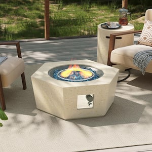 41 in. 50,000 BTU Beige Hexagon Polygon Terrazzo Outdoor Propane Gas Fire Pit Table with Propane Tank Cover