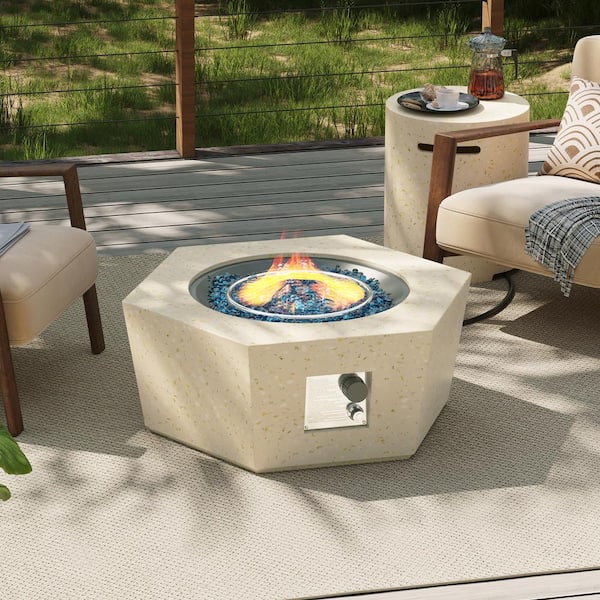 UPHA 41 in. 50,000 BTU Beige Hexagon Polygon Terrazzo Outdoor Propane Gas Fire Pit Table with Propane Tank Cover