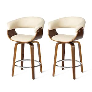 34.75 in. H Mid-century Modern Cream Leatherette Swivel Counter Stool with Walnut Bentwood Frame (Set of 2)