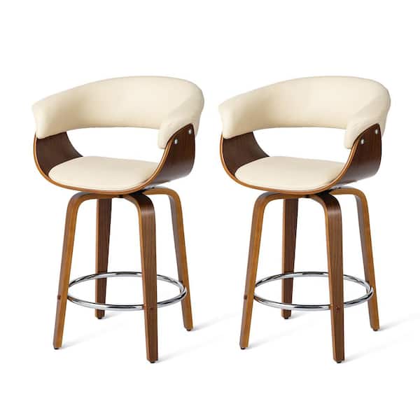 Glitzhome 34.75 in. H Mid-century Modern Cream Leatherette Swivel Counter Stool with Walnut Bentwood Frame (Set of 2)