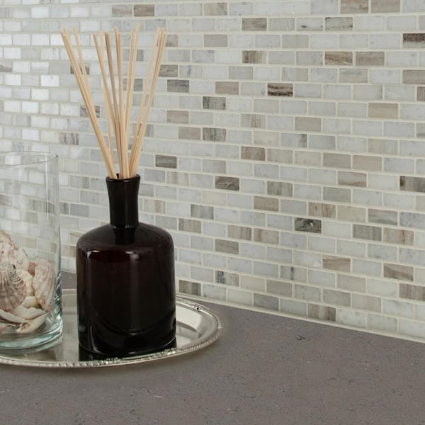 Mini Brick White Marble Solid Core Peel & Stick Mosaic Tile