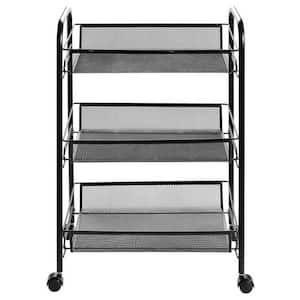 17.2 in. Black Iron 3-Tiers Storage Kitchen Cart with Hook and 4-Wheels