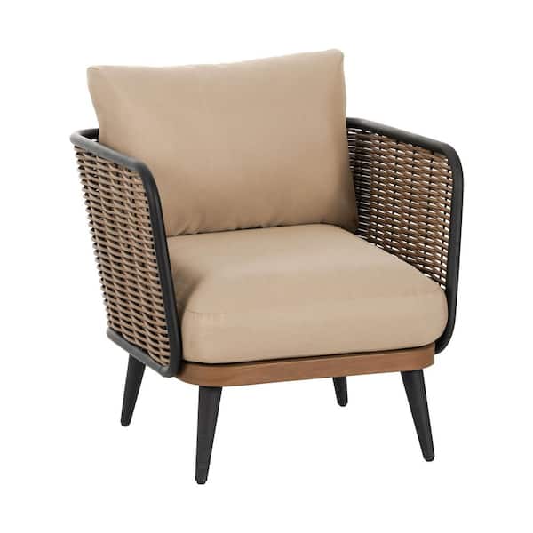 CHRISTOPHER KNIGHT HOME Logan Teak Brown Faux Rattan Outdoor Patio Lounge Chair with Beige Cushions, Metal Legs