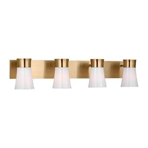 Roy 32.25 in. 4-Light Satin Brass Extra Large Vanity Light with Milk Glass Shades