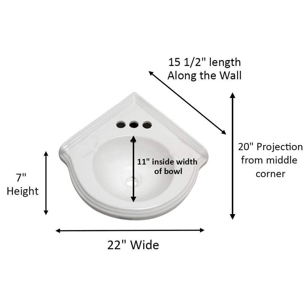 White Ceramic Corner Wall-Mount Vessel Sink with Overflow